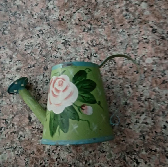 Vintage Ganz Miniature Green Hand-painted Floral Watering Can, 4" Tall - Picture 2 of 5